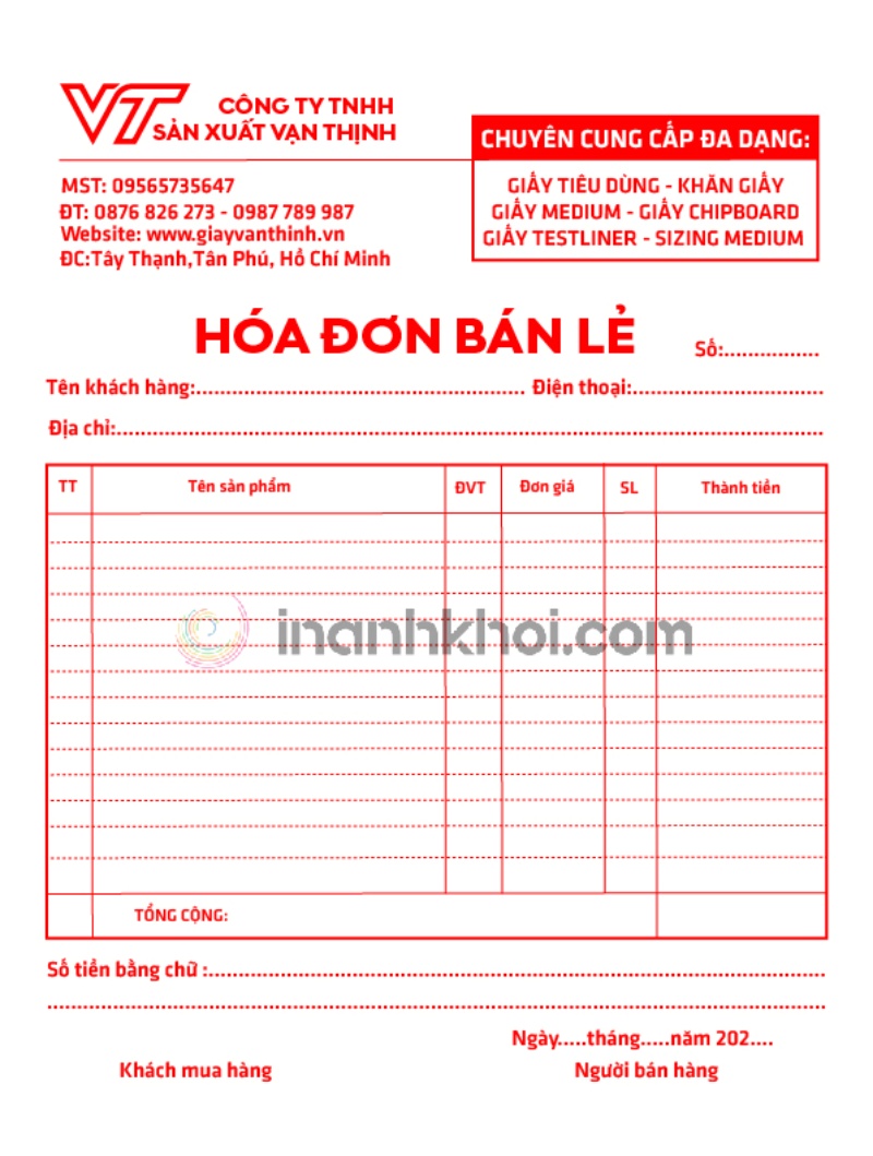 Mẫu hóa đơn bán lẻ